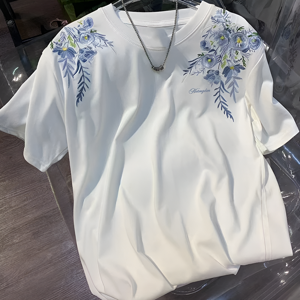 Dual Shoulder Floral Leaf Embroidery Minimal Crew Neck Tee