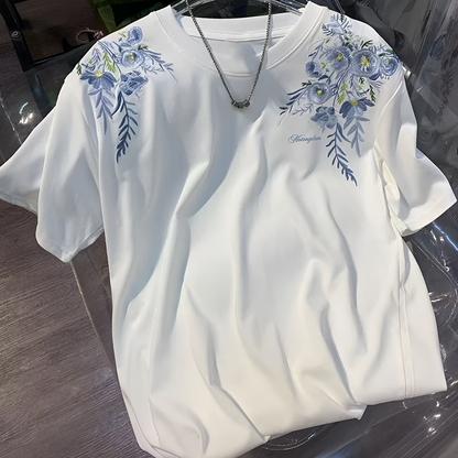 Dual Shoulder Floral Leaf Embroidery Minimal Crew Neck Tee