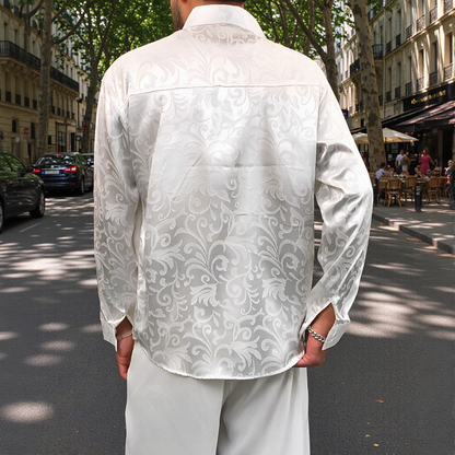 Vine Hidden Pattern Satin Jacquard Long Sleeve Lapel Shirt