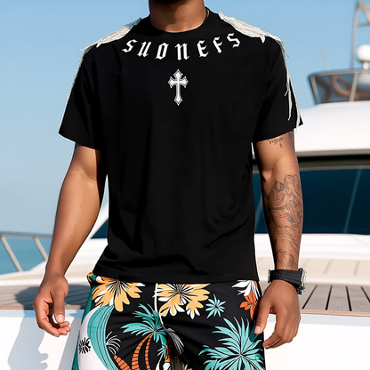 Single Shoulder 3D Lace Wing Letter Print Fashion Short Sleeve Tee