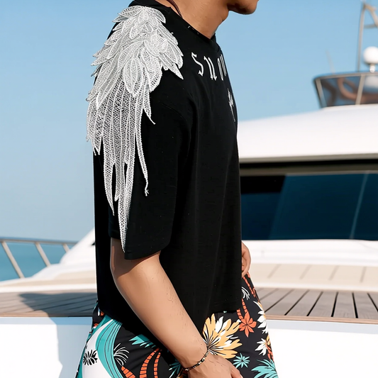 Single Shoulder 3D Lace Wing Letter Print Fashion Short Sleeve Tee