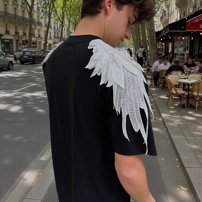 Single Shoulder 3D Lace Wing Letter Print Fashion Short Sleeve Tee