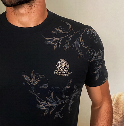 European Scroll Crest Rhinestone Curved Hem Slim Short Sleeve T-Shirt