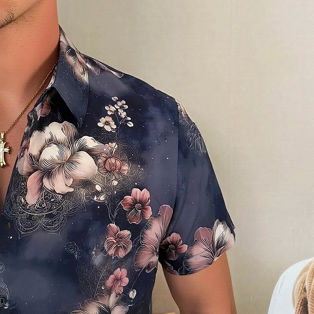 Ink Blur Large Floral Allover Print Draped Short Sleeve Lapel Shirt
