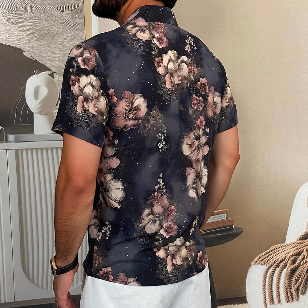 Ink Blur Large Floral Allover Print Draped Short Sleeve Lapel Shirt