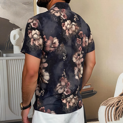 Ink Blur Large Floral Allover Print Draped Short Sleeve Lapel Shirt