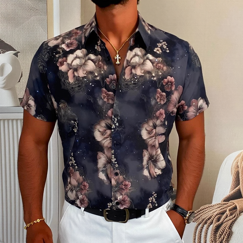 Ink Blur Large Floral Allover Print Draped Short Sleeve Lapel Shirt