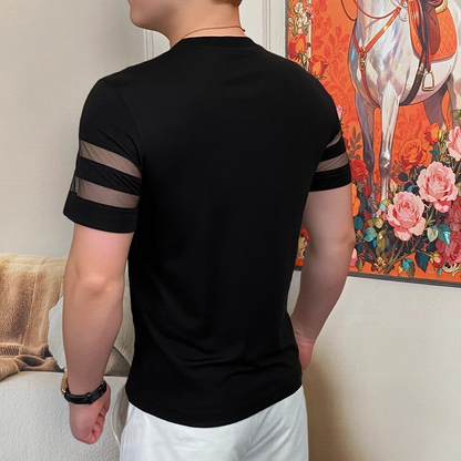 Double Side Horizontal Mesh Splicing Script Embroidery Slim Crew Neck T-Shirt