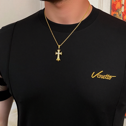 Double Side Horizontal Mesh Splicing Script Embroidery Slim Crew Neck T-Shirt