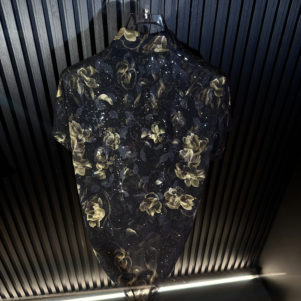 Dark Base Floral Star Glitter Lightweight Short Sleeve Lapel Shirt