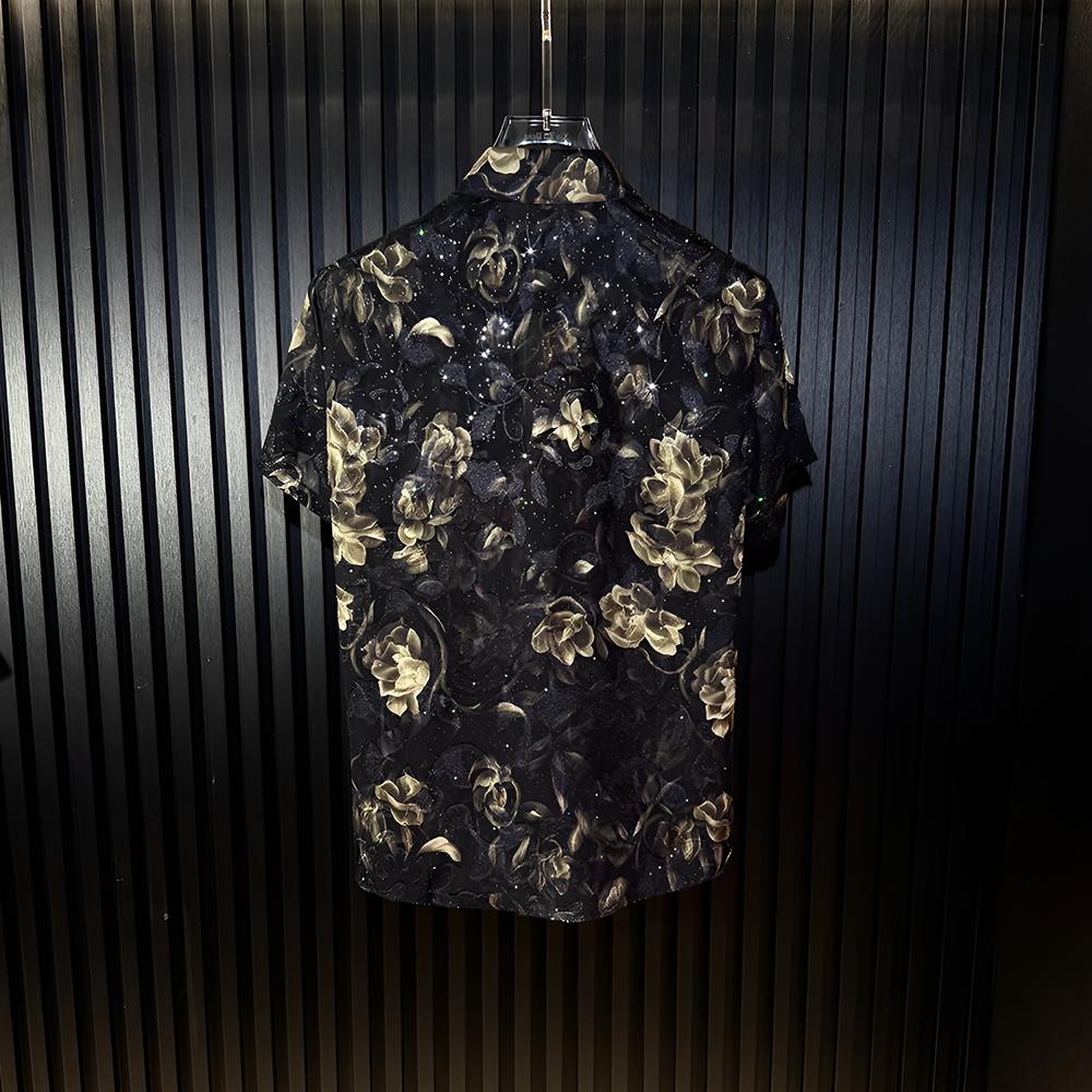 Dark Base Floral Star Glitter Lightweight Short Sleeve Lapel Shirt