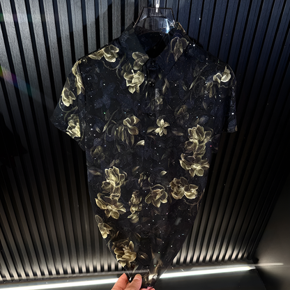 Dark Base Floral Star Glitter Lightweight Short Sleeve Lapel Shirt