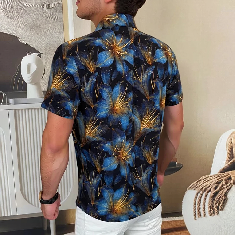 Gilded Line Lily Floral Allover Print Slim Fit Short Sleeve Lapel Shirt