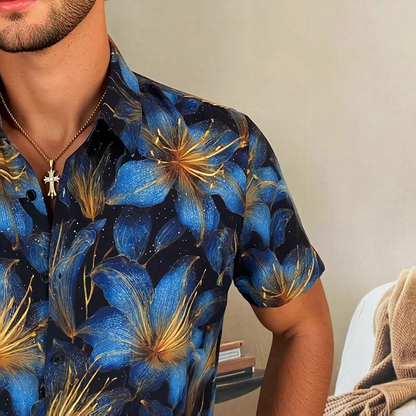 Gilded Line Lily Floral Allover Print Slim Fit Short Sleeve Lapel Shirt