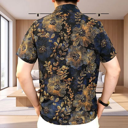 Vintage Sunflower & Leaf Allover Print Glossy Short Sleeve Lapel Shirt