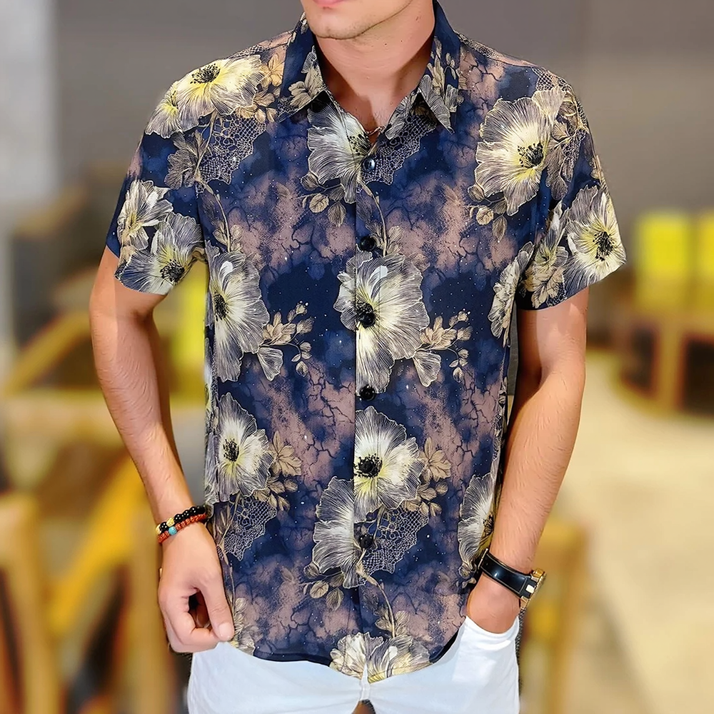 Floral Allover Print Draped Short Sleeve Lapel Shirt