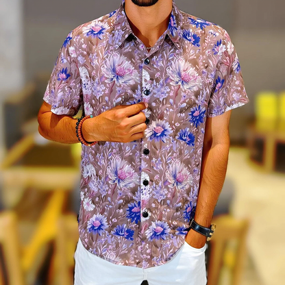 Floral Allover Print Draped Short Sleeve Lapel Shirt