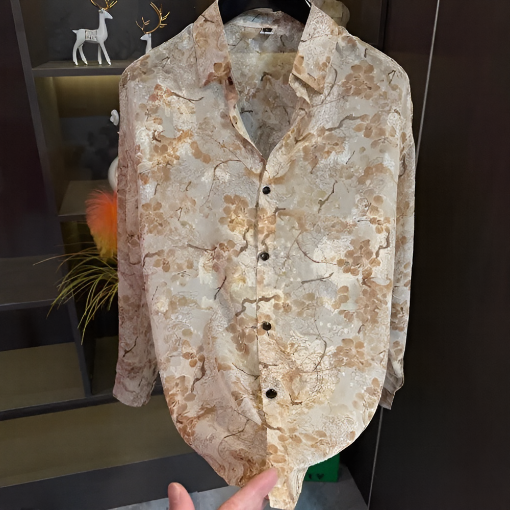 Floral Freehand Print Sheer Long Sleeve Lapel Shirt