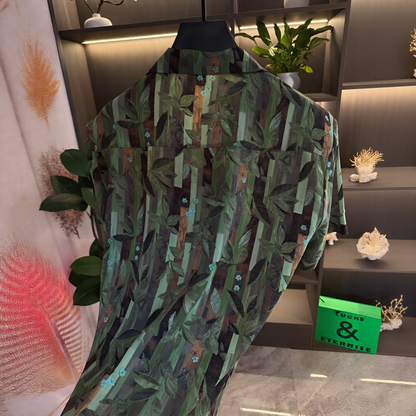 Vertical Strip Leaf Print Lightweight Sheer Short Sleeve Lapel Shirt