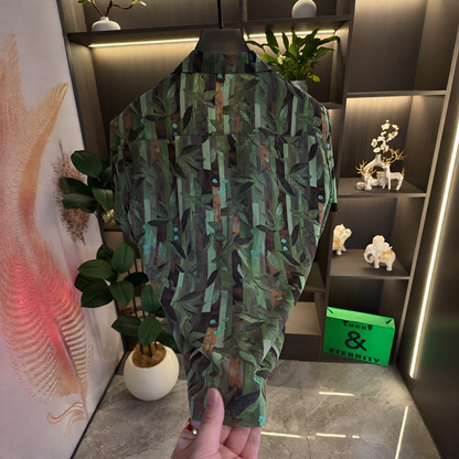 Vertical Strip Leaf Print Lightweight Sheer Short Sleeve Lapel Shirt