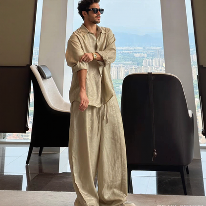 Texture Wrinkle Loose Long Sleeve Shirt & Wide Leg Pants Two-Piece Set