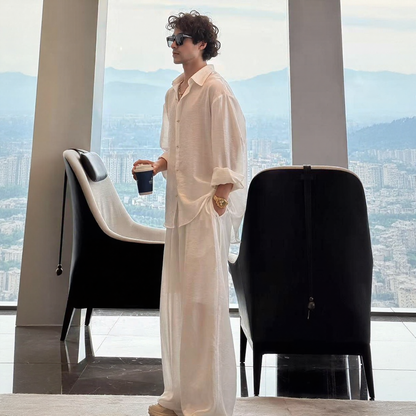 Texture Wrinkle Loose Long Sleeve Shirt & Wide Leg Pants Two-Piece Set