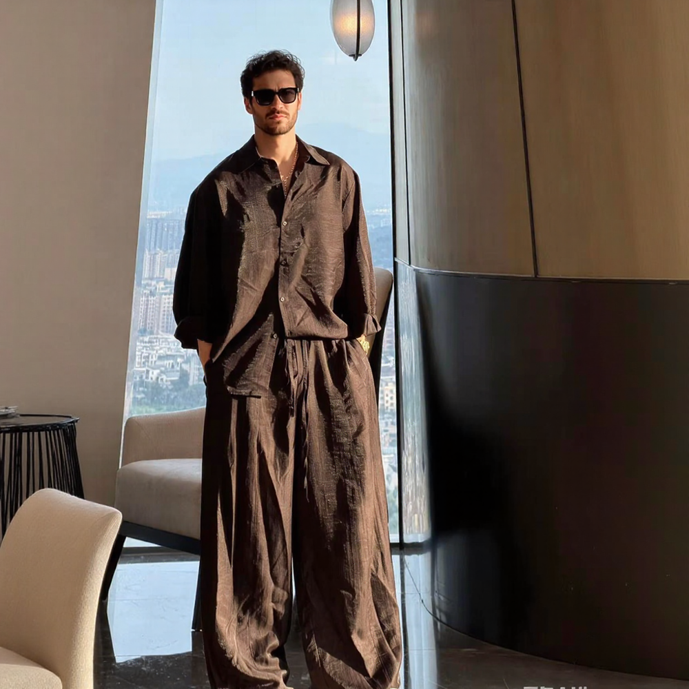 Texture Wrinkle Loose Long Sleeve Shirt & Wide Leg Pants Two-Piece Set