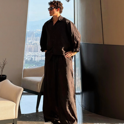 Texture Wrinkle Loose Long Sleeve Shirt & Wide Leg Pants Two-Piece Set