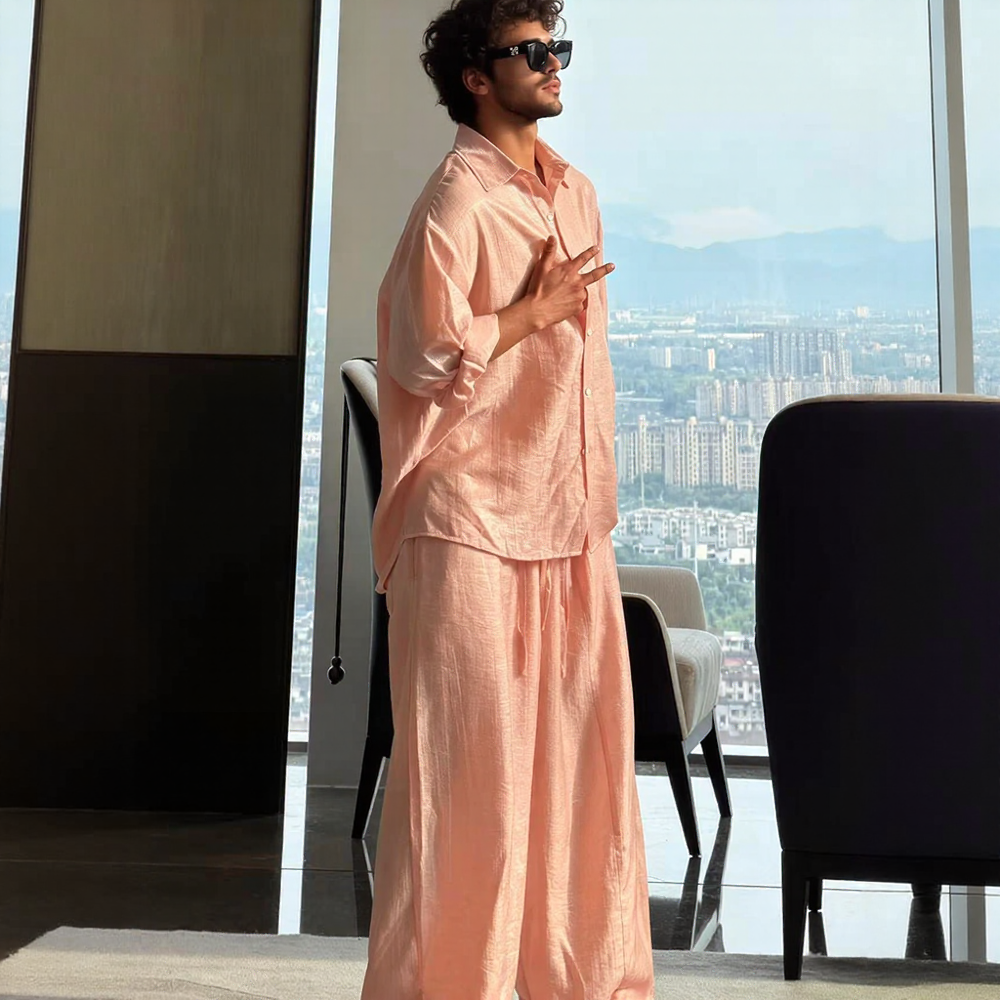 Texture Wrinkle Loose Long Sleeve Shirt & Wide Leg Pants Two-Piece Set