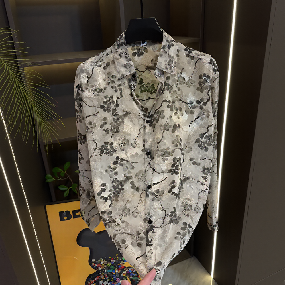 Ink Floral Sheer Collared Long‑Sleeve Shirt
