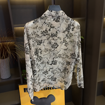Ink Floral Sheer Collared Long‑Sleeve Shirt