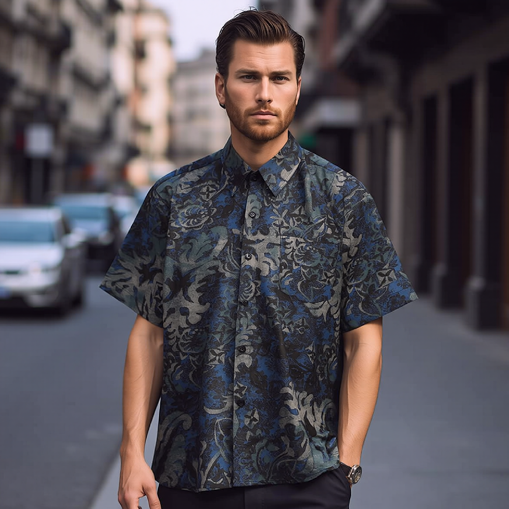 Vintage Botanical Floral Print Short‑Sleeve Collared Shirt