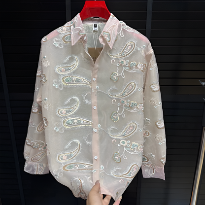 Paisley Embroidery Mesh Sheer Long‑Sleeve Shirt