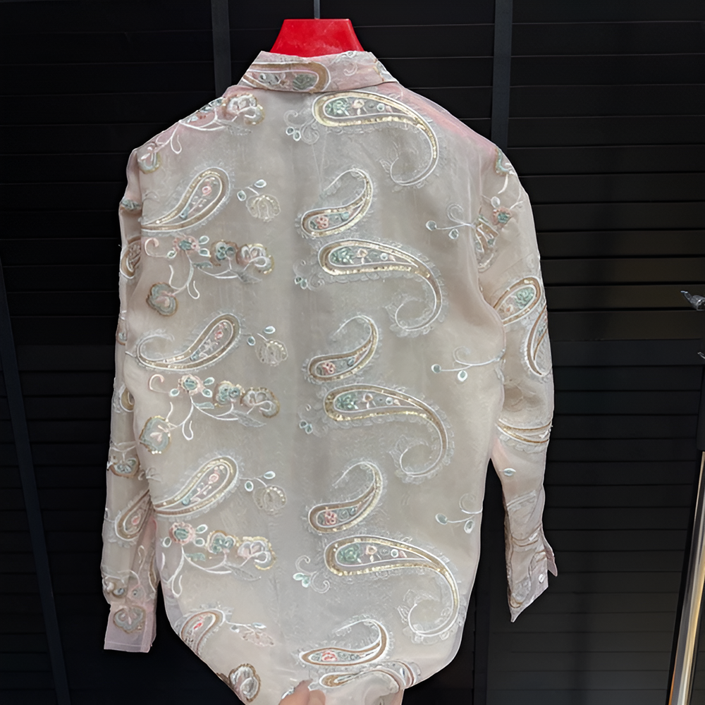 Paisley Embroidery Mesh Sheer Long‑Sleeve Shirt