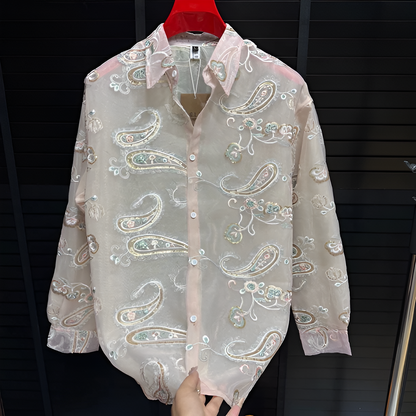 Paisley Embroidery Mesh Sheer Long‑Sleeve Shirt