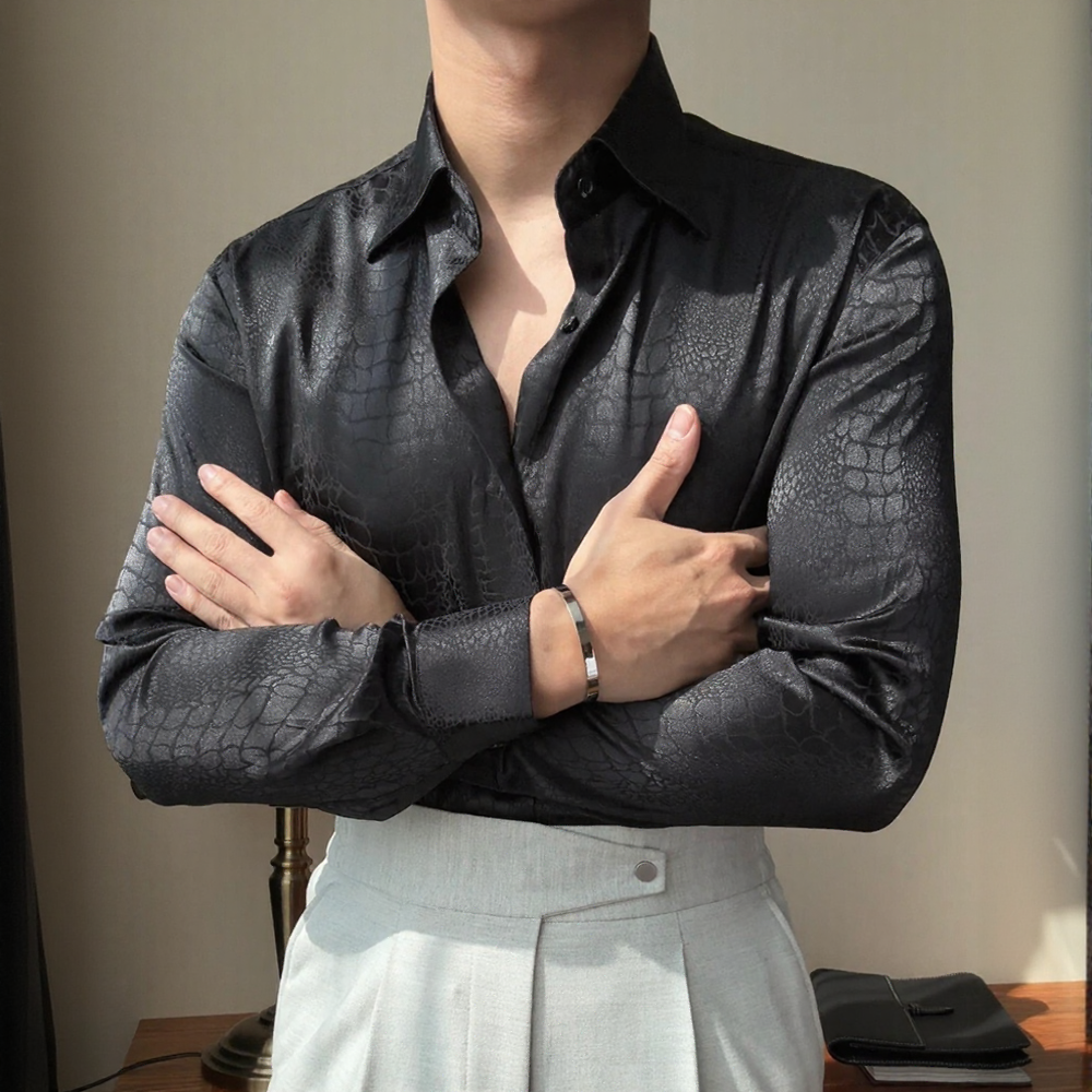 Vintage Texture Satin Jacquard Collared Long‑Sleeve Shirt