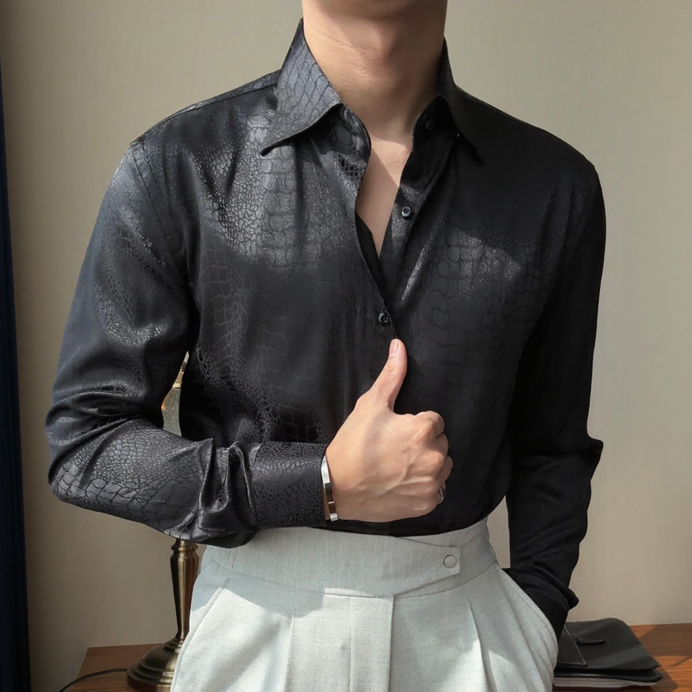 Vintage Texture Satin Jacquard Collared Long‑Sleeve Shirt