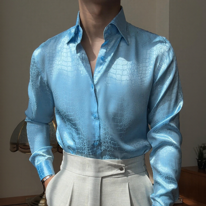 Vintage Texture Satin Jacquard Collared Long‑Sleeve Shirt