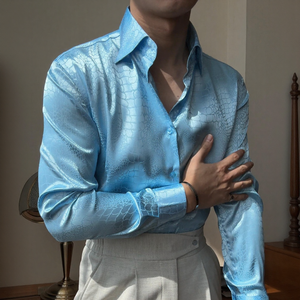 Vintage Texture Satin Jacquard Collared Long‑Sleeve Shirt