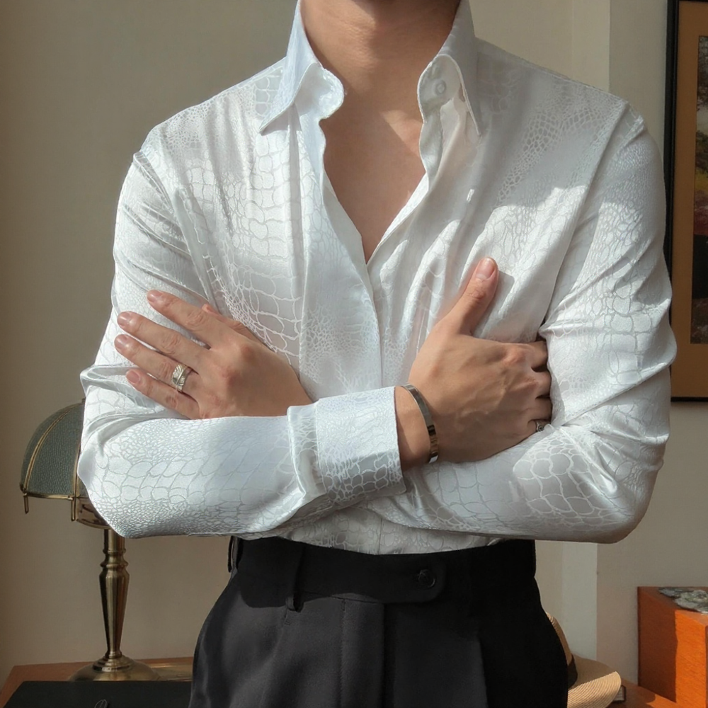 Vintage Texture Satin Jacquard Collared Long‑Sleeve Shirt