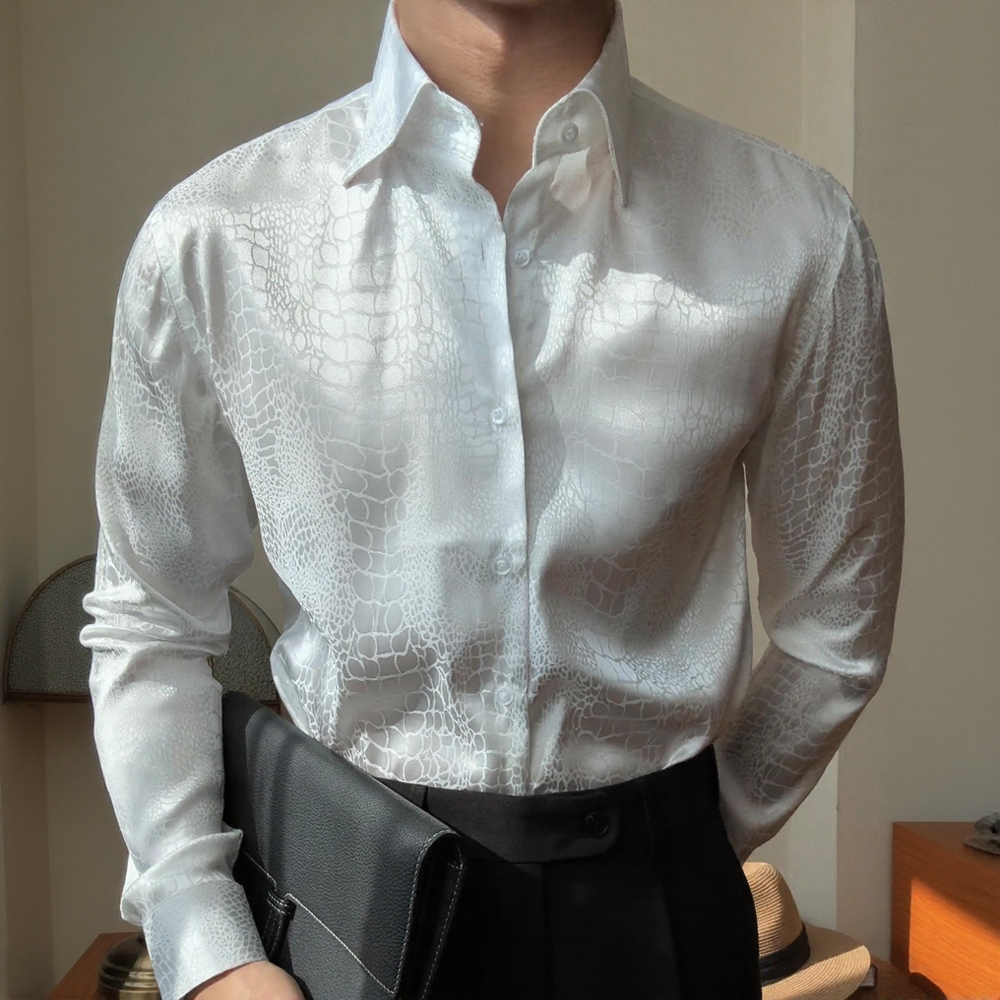 Vintage Texture Satin Jacquard Collared Long‑Sleeve Shirt