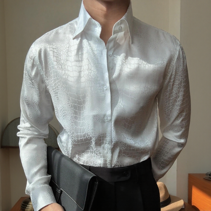 Vintage Texture Satin Jacquard Collared Long‑Sleeve Shirt