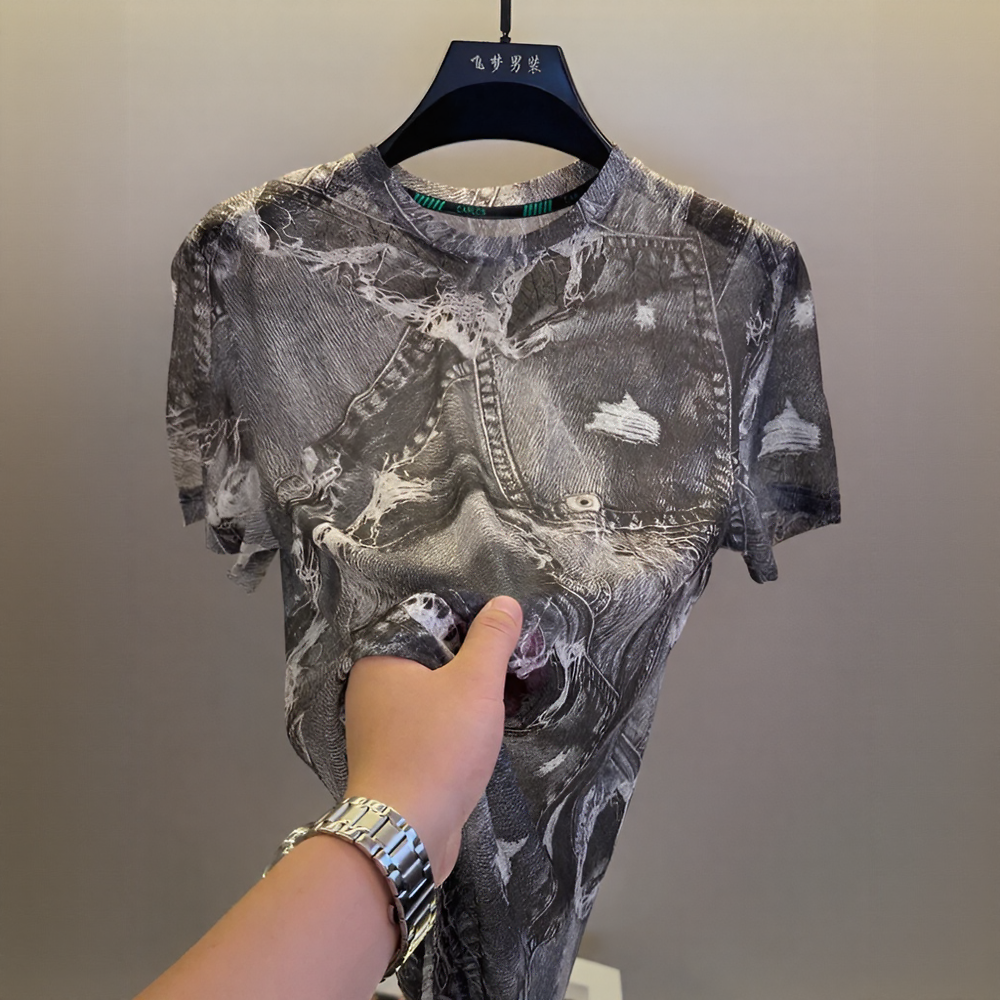 Faux‑Denim Distressed Print Crew Neck Short‑Sleeve T‑Shirt