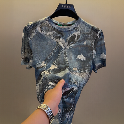 Faux‑Denim Distressed Print Crew Neck Short‑Sleeve T‑Shirt