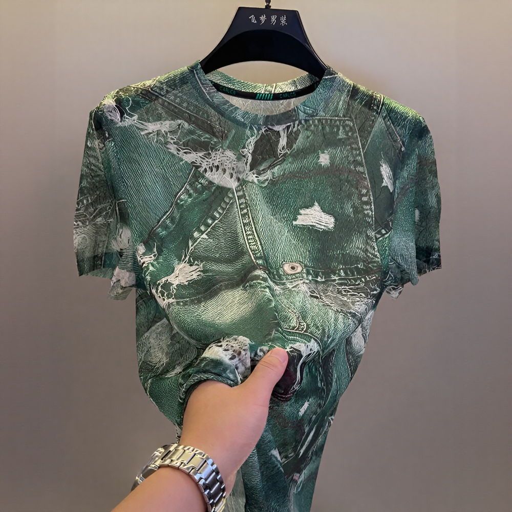 Faux‑Denim Distressed Print Crew Neck Short‑Sleeve T‑Shirt