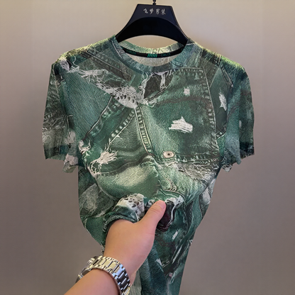 Faux‑Denim Distressed Print Crew Neck Short‑Sleeve T‑Shirt