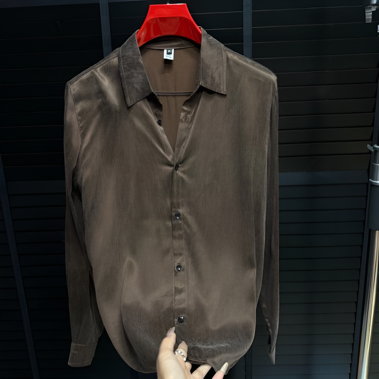 Luxury Glossy Drape Long‑Sleeve Collared Shirt