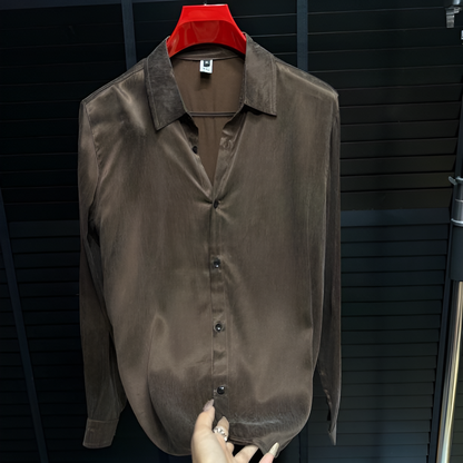 Luxury Glossy Drape Long‑Sleeve Collared Shirt