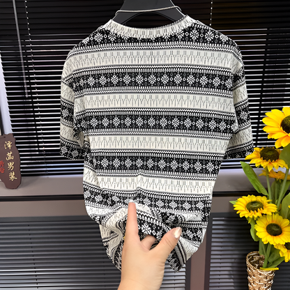 Ethnic Geometric Jacquard Crew Neck Short‑Sleeve T‑Shirt