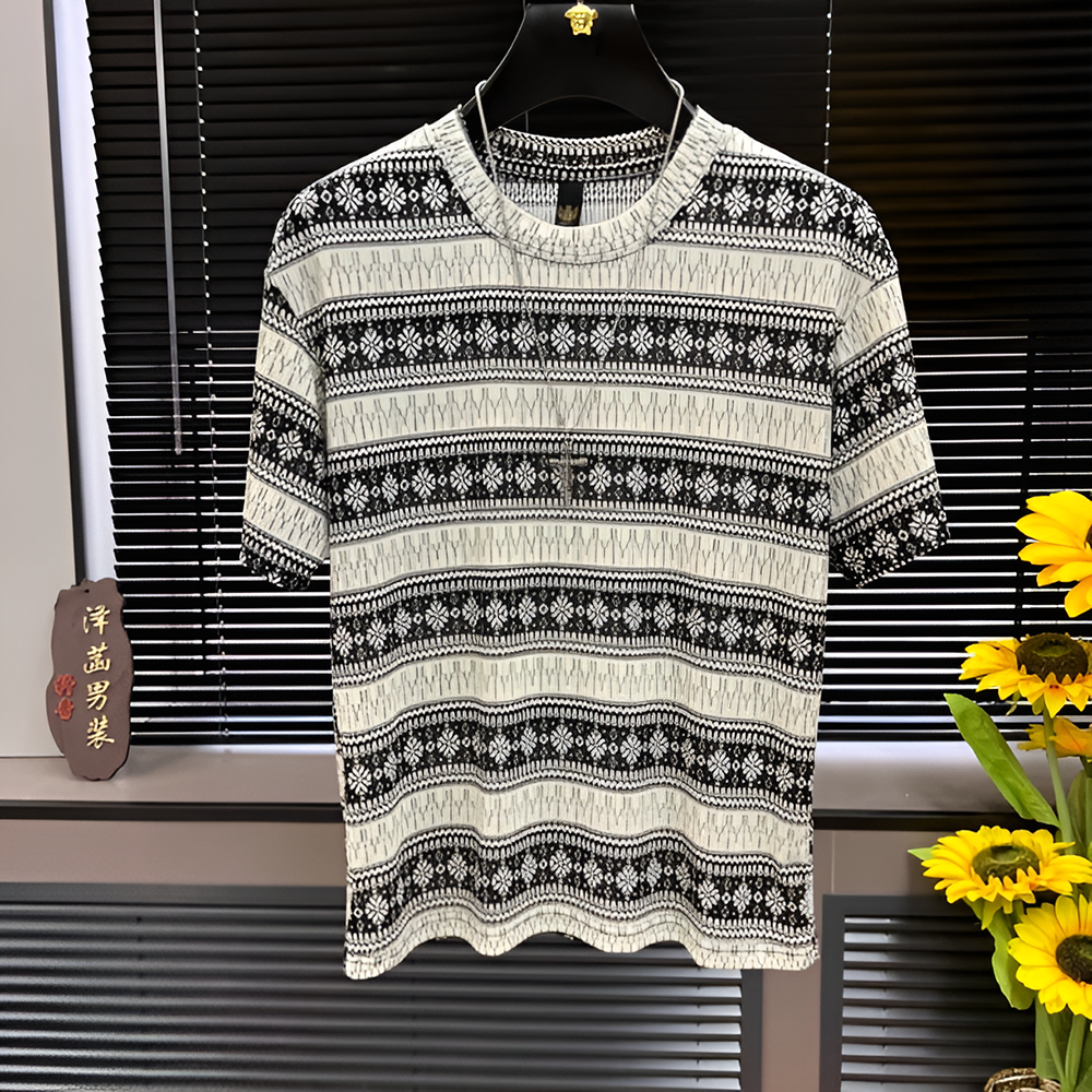 Ethnic Geometric Jacquard Crew Neck Short‑Sleeve T‑Shirt